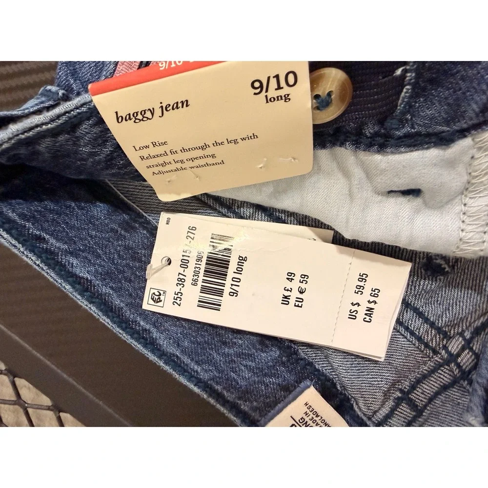 Abercrombie Kids Low Rise Baggy Jeans Blue Pink Side Stripe Bows 9/10 Long NWT